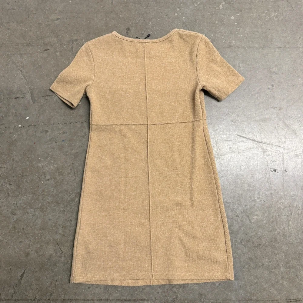 Zara Womens Tan Knit Short Sleeve Mini Dress‎ Exposed Seam Detail Size Small